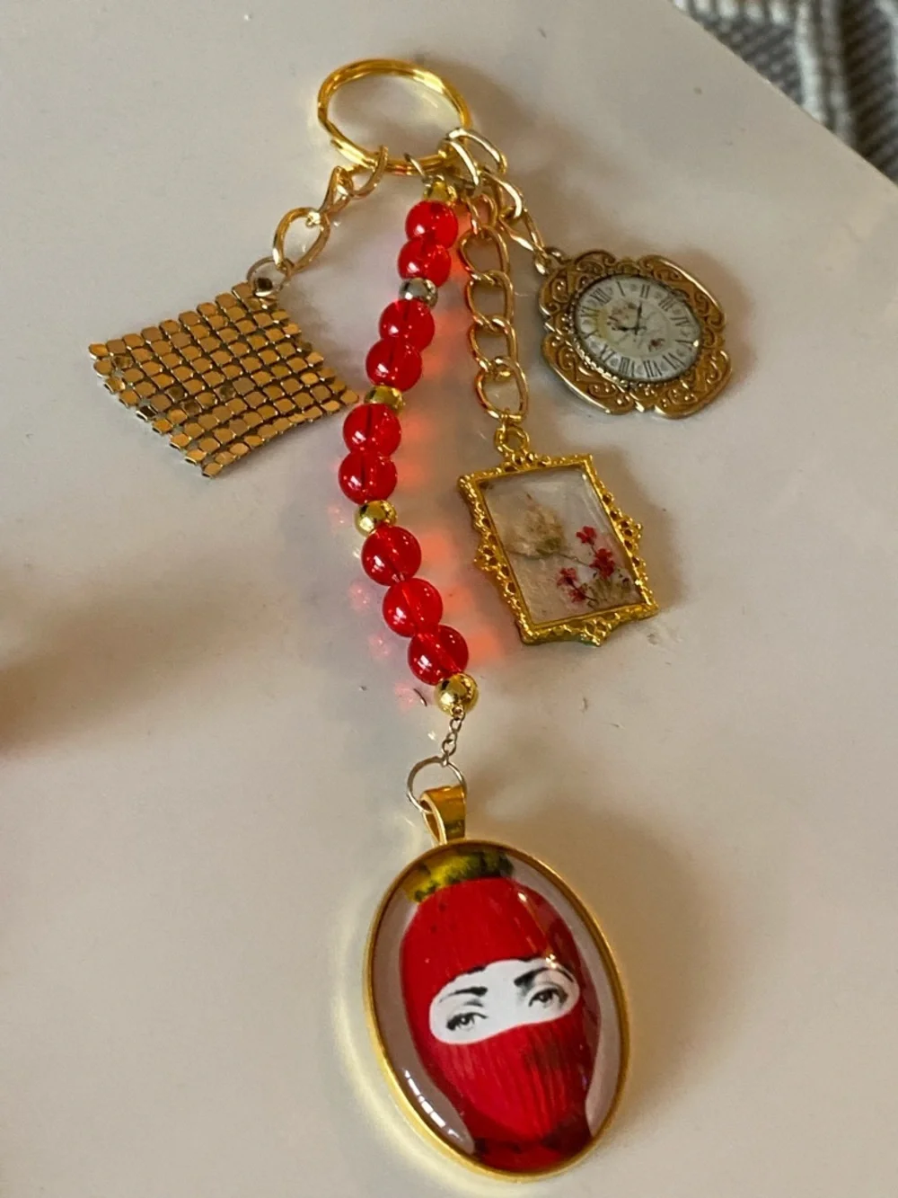 BAG CHARM PURSE ACCESSORIE FORNASETTI SKI MASK FLORAL FRAME CLOCK GOLDEN TONE - Picture 2 of 7